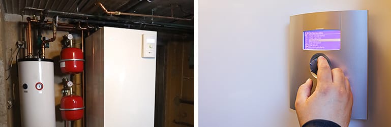 vasemmalla kuvassa asennettu maalämpöpumppu tekniseen tilaan ja puskurivaraaja. Oikealla kuvassa maalämpöpumpun hallintaliittymä käytössä.