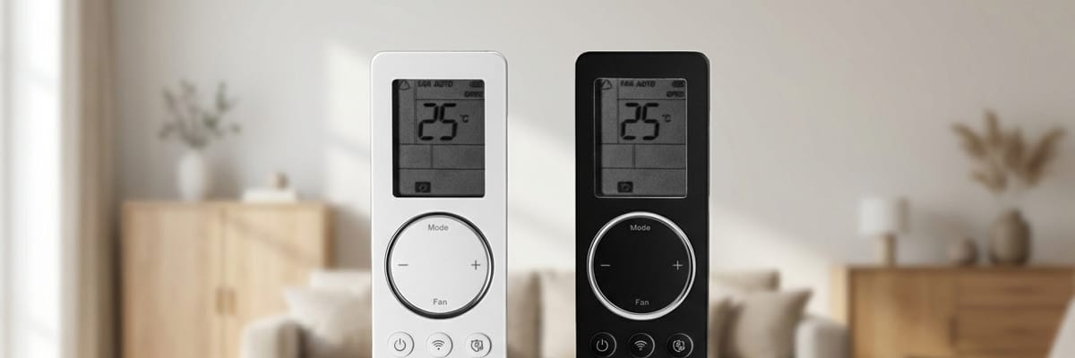 valkoinen ja musta gree-ilmalämpöpumpun kaukosäädin. Taustalla sumennettu olohuone